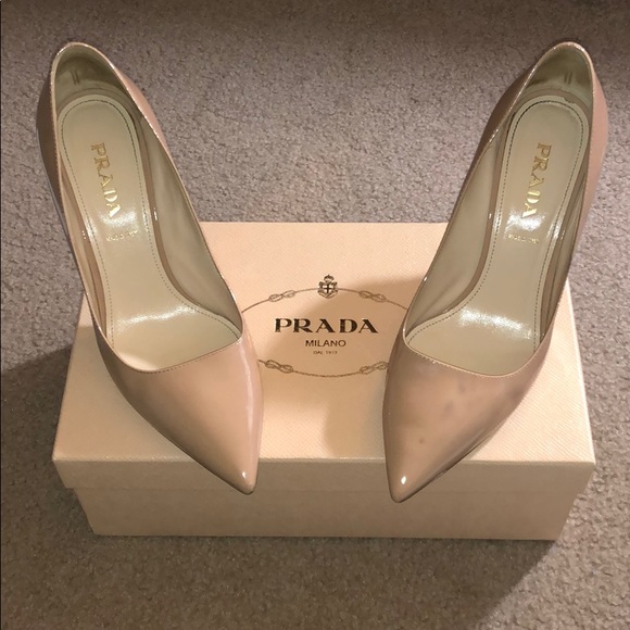 Prada Shoes - Prada Nude Patent Leather Pointed-Toe Pumps